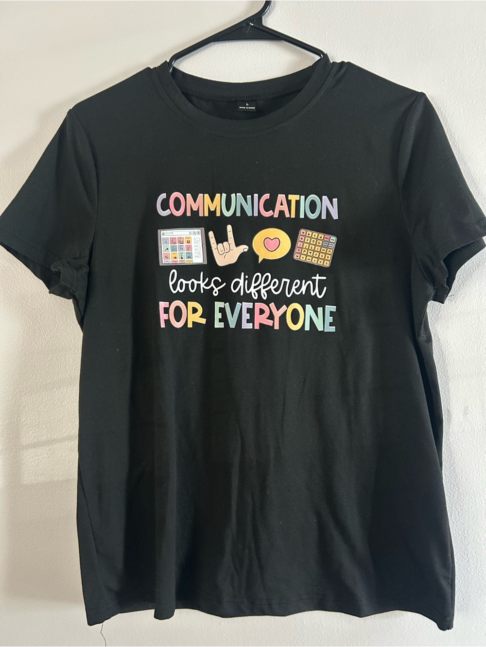 SHEIN Black Short Sleeve Tee with Pastel Multicolor Communication Graphic